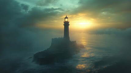 Fototapeta premium Lighthouse shining light through foggy sunset at sea