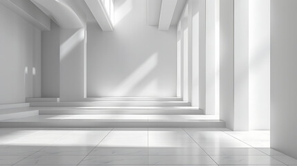 A minimalist, white room with a series of steps and tall pillars, illuminated by natural light streaming in from a window. The space is clean and modern, with a focus on the geometric lines and angles