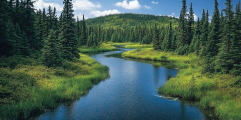 Pristine river flowing through a lush green forest