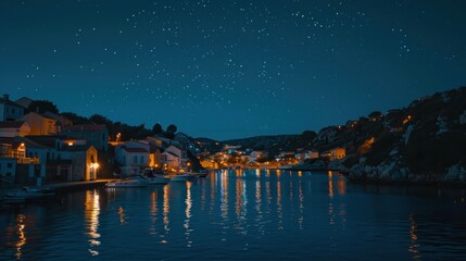 Obraz premium Serene Coastal Town at Night with Twinkling Lights