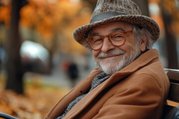 Stylish senior man smiling sitting on bench in autumn park