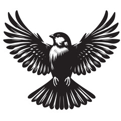 Black and white illustration of a bird with its wings spread.