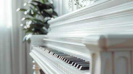 A pristine white grand piano sits in a bright room, ready to be played. The keys are in focus, inviting someone to create beautiful music. The soft light and minimalist decor create a serene and elega