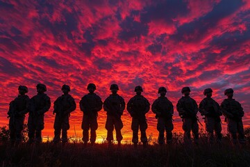 Fototapeta premium Group of soldiers standing at attention during sunset