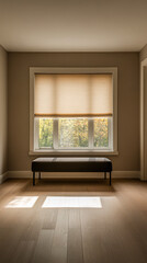 Fototapeta premium Natural light streaming into a minimalistic living room with a bench and elegant window treatment