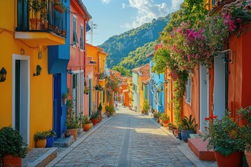 Fototapeta premium Picturesque street with colorful houses and flowers leading to the mountains