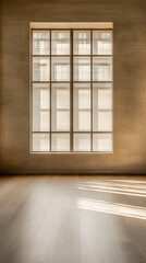 Fototapeta premium A sunlit room with large windows revealing minimalistic interior design elements