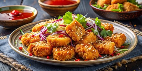 Fototapeta premium Crispy Fried Sesame-Crusted Bites Served with Aromatic Red Onions and Fresh Herbs on a Rustic Plate