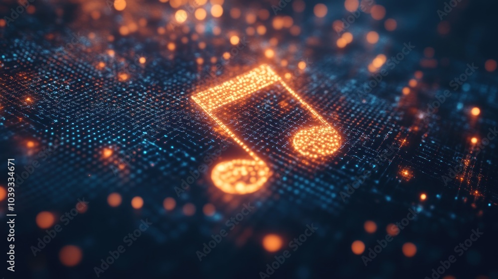 Aufkleber abstract digital music note glowing amidst a network of data points.