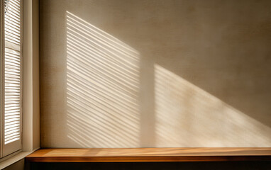 Natural sunlight creates striped shadows on a wooden tabletop in a softly lit indoor space
