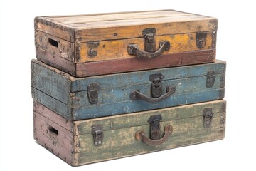 Three vintage colored wooden suitcases forming a stack