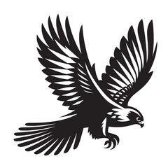 Black and white illustration of a falcon in flight with its wings spread wide.