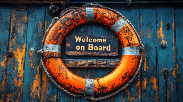 Orange life preserver hanging on weathered blue wooden wall welcoming all visitors on board