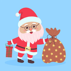 Santa Claus holding bag of gifts and present box. Cute Santa Claus character isolated on blue background.