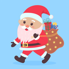 Santa Claus walking with bag of gifts. Cute Santa Claus character isolated on blue background.