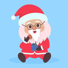 Santa Claus sitting with hot coffee mug and eating cookie. Cute Santa Claus character isolated on blue background.