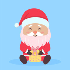 Santa Claus sitting with gift box. Cute Santa Claus character isolated on blue background.