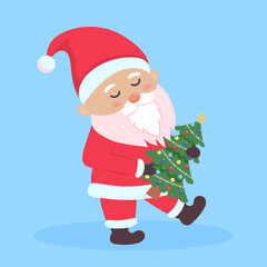 Santa Claus walking and holding christmas tree. Cute Santa Claus character isolated on blue background.