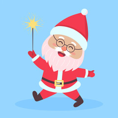 Santa Claus holding sparkler. Cute Santa Claus character isolated on blue background.