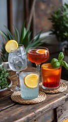 Fototapeta premium Refreshing Summer Cocktails. Gin and Tonic, Negroni with Citrus Garnish, Fresh Herbs, and Ice on Rustic Wooden Table