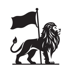 Black and white illustration of a lion standing proudly with a flagpole behind it. © dropideas