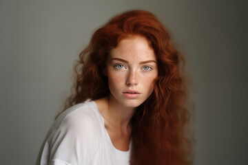 Naklejka premium portrait of a young woman with freckles and green eyes
