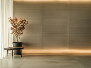 Elegant interior design featuring floral arrangement and soft lighting in modern space