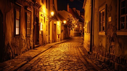 Obraz premium Serene Night in a Quiet Small Town with Street Lamps