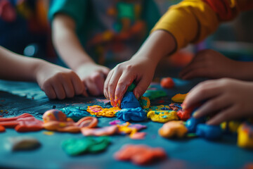 Children&rsquo;s hands playing with vibrant colored clay