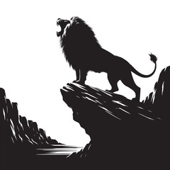 Black and white illustration of a roaring lion standing on a cliff. © dropideas