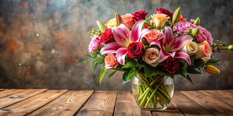 Bouquet of mixed flowers including roses, lilies, and carnations placed on a table, centerpiece, celebrations, decoration
