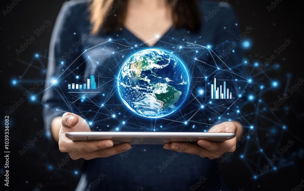 Poster a person holding a tablet with a globe and network of lines and data on a dark background.