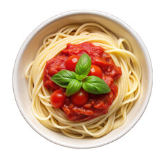 Pasta with tomato sauce on white bowl top view on
