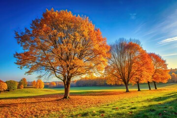 Autumn landscape with changing leaves and bare trees against a clear blue sky, autumn, nature