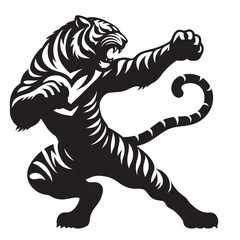 Black and white illustration of a tiger roaring and striking a pose.