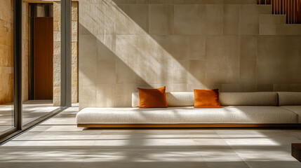 Bright living space with sunlight streaming through large windows in a modern architectural design