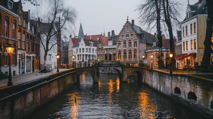 Fototapeta premium Romantic Bridge View Over Canal in Europe
