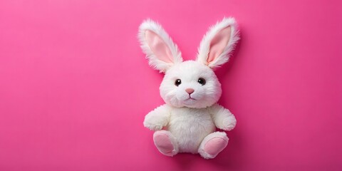 Obraz premium A cuddly white bunny with pink ears sits on a vibrant pink surface, inviting a playful touch.
