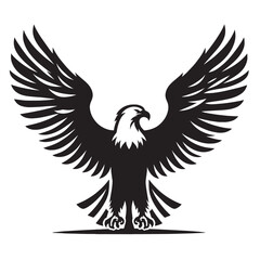 Black and white illustration of an eagle with its wings spread.