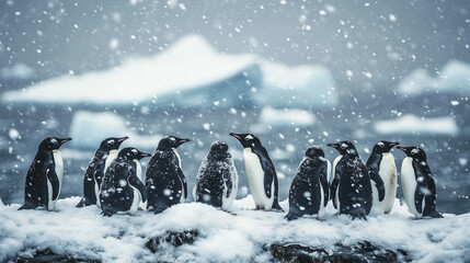Penguins huddled in an icy, snowy environment with snow falling around them, showcasing the harsh and beautiful natural habitat of these Antarctic animals. Image made using Generative AI.