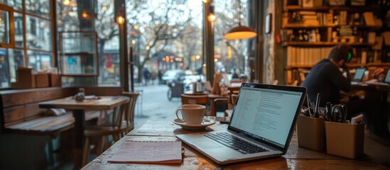 A laptop, a cup of coffee, and a notebook on a table in a cafe, with a view of the city outside.