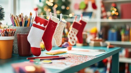 An empty scene featuring a creative workspace with holiday flair, where personalized stockings are placed next to art supplies and festive decor on a colorful desk,