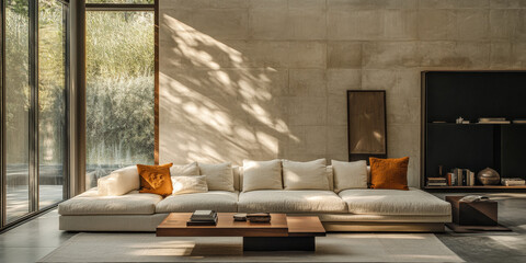 Modern living room interior featuring a spacious sofa in a sunny, minimalist design