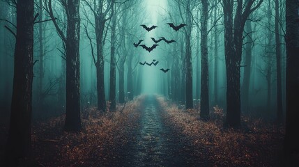 Obraz premium A mysterious foggy forest path at dusk, with bats flying overhead, creating an eerie and unsettling atmosphere.