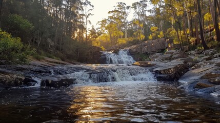 Serene Waterfall at Dusk with Last Rays of Sunlight