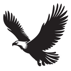 Black and white silhouette of a bald eagle in flight with wings spread.