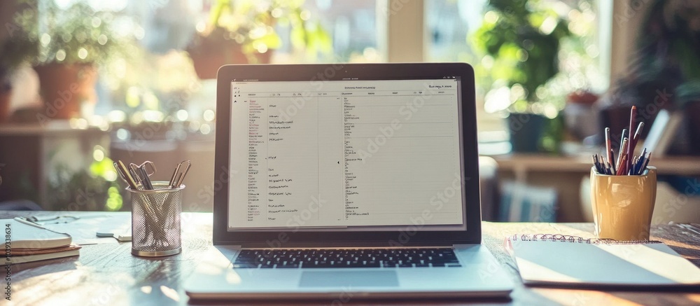 Poster a modern laptop computer with a blank screen sits on a wooden desk with a notepad, pencils and a gla