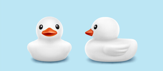 White rubber or plastic duck children toy for taking bath. Cute kids duckling front and side view. Realistic 3d vector illustration set of domestic animal toddler bathtime swim and float accessory.