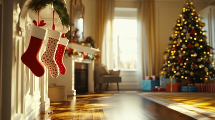 An empty scene featuring a lively family room filled with decorations, where whimsical customizable stockings are hung on a whimsical coat rack beside a bright tree, 