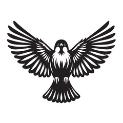 Black and white silhouette of a bird with spread wings.